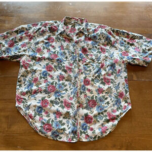 Cotton Express Button Up Shirt Women's Medium Floral AOP Padded Shoulders